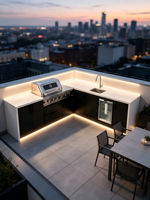 Îlot de cuisine extérieur en forme de L en quartz noir mat et blanc avec barbecue à gaz 5 brûleurs, réfrigérateur, évier en acier inoxydable et système électronique