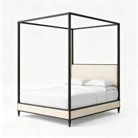 Lit à baldaquin moderne et minimaliste en bois massif avec tête de lit capitonnée crème, lit plateforme à profil bas pour chambre à coucher