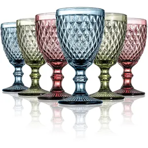 Copas de café de vidrio de colores Vintage personalizadas, copas de vino con patrón de diamante, vasos de cristal para beber, Goblets para fiesta