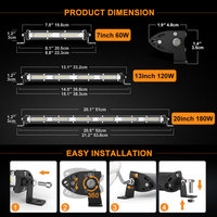 Barre lumineuse LED 12V pour voiture, 7, 13, 20 pouces, 60/120/180W, projecteur, feu antibrouillard, éclairage de travail, pour tout-terrain, camion, remorque, 4x4, VTT, lampe de conduite