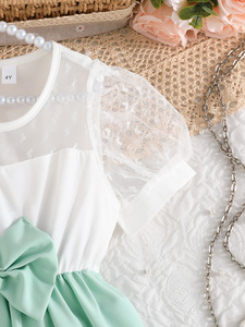 ชุดเดรสเด็กผู้หญิงน่ารักหรูหราสำหรับฤดูร้อน แขนสั้น แต่งโบว์ลูกไม้ ชุดสองชิ้น เสื้อผ้าเด็กแฟชั่นสำหรับเด็กผู้หญิงอายุ 4-8 ปี - Product Image 5