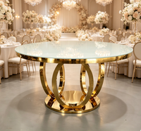 Table de mariage ronde en acier inoxydable doré avec plateau en verre trempé blanc, table de banquet de luxe pour location événementielle