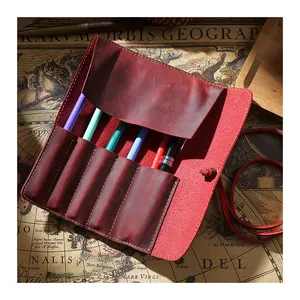 Sacs d'emballage de stylo mignon avec logo personnalisé étui à stylo en cuir marron pochette pour rouleau de cordon de voyage support de câble en cuir