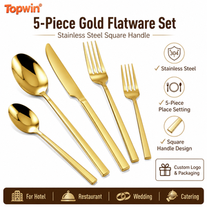 5-Piece Gold Stainless Steel Flatware <b>Set</b> Square Handle Knife Fork Spoon Cutlery for Hotel Restaurant Wedding - Product Image 1