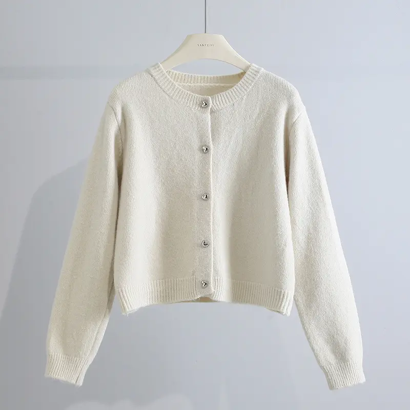 Round neck solid knit cardigan women casual fitting long sleeve women sweater