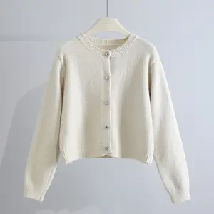 Round neck solid knit cardigan women casual fitting long sleeve women sweater