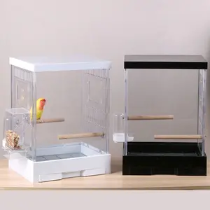 Wholesale crystal clear acrylic bird nesting carrier outdoor dust-proof cage with feeder for parrot canary