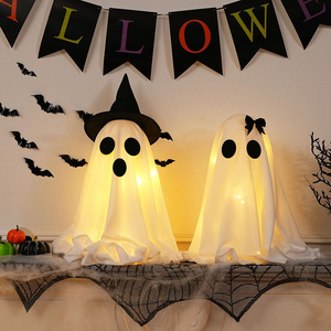 Decoración de Fantasma Luminoso de Halloween con Sombrero de Bruja y Lazo de Tela, Figura de Fantasma para Mesa, Decoración de Interiores para Fiestas en Casa - Product Image 1