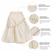 Jupe midi ballon beige pour femme, taille élastique, style estival, avec volants diagonaux, nœud décoratif, superposée et volumineuse, coupe trapèze, avec doublure