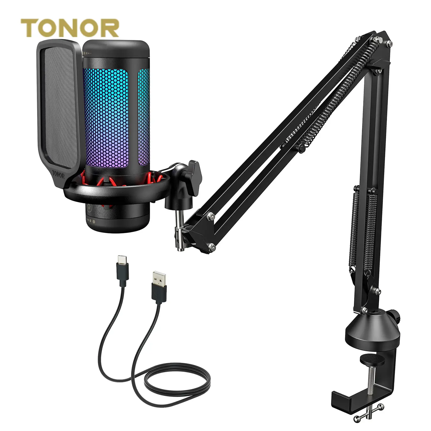 TONOR TC310新着MicrosMicrofone Mikrofon Microfono ProfesionalゲーミングマイクRGBマイク、ブームアームスタンド付き