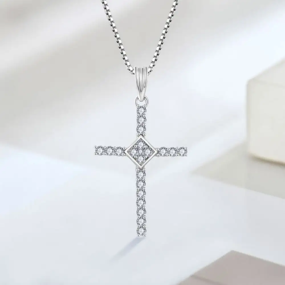 Fashion Simple 18K Gold Plated Christian Cz Jesus Cross Cubic Zirconia 925 Silver Pendant Necklace Jewelry For Women