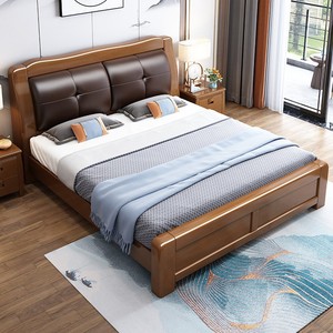 Solid Wood Master Bedroom <b>Bed</b> 1.5M 1.8M Modern Minimalist Storage Upholstered <b>Soft</b> Headboard New Chinese Style - Product Image 1