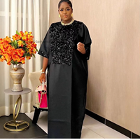 Robe de soirée élégante transfrontalière à col rond, en tissu à sequins, polyester, avec nœud en dentelle, manches courtes, coupe ample, style ethnique africain