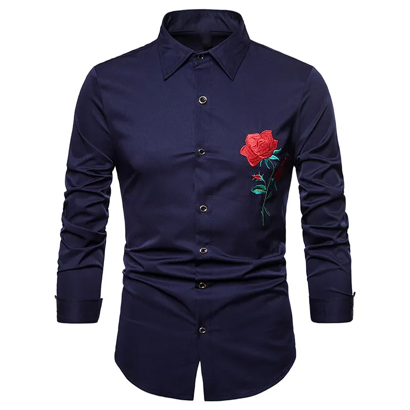 Men Rose Flower Embroidery Shirt Autumn New Slim Fit Long Sleeve Wedding Tuxedo Mens Casual Shirts