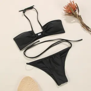 Özel toptan katı siyah bikini toptan açık seksi tasarım 2 adet dize aşırı mikro tanga Beachwear ve mayo