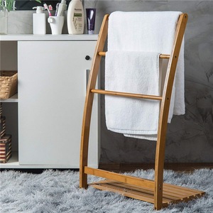 Bamboo Towel Rack 3 <b>Bars</b> Floor Standing With <b>Shelf</b> For Bathroom Drying - Product Image 2