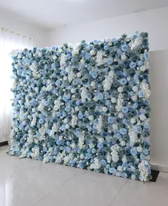 Custom Wedding Supplies Decoration Flower Wall Backdrop White Blue Fabric Flower Wall Decor