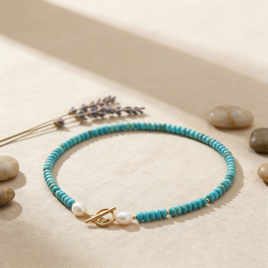 Turquoise Beaded Necklace Pearl Toggle Choker Boho Style Summer Gemstone Minimalist Design Jewelry Necklaces - Product Image 3