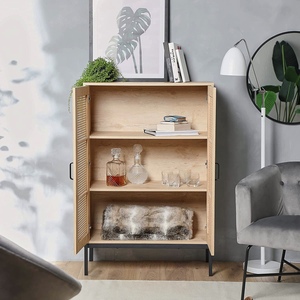 Tall Sideboard Cabinet Rattan - 2 Door, 3 Drawer with Black Metal Handles - Bookshelf, <strong>Shelving</strong> Vinyl <strong>Cupboard</strong> <strong>Unit</strong>, Drinks Cabi - Product Image 5