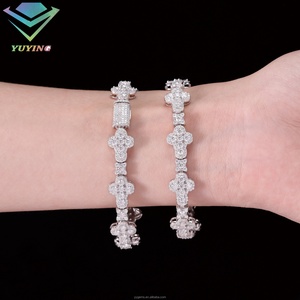 Nouveauté Chaîne croisée 15MM Style tendance Argent sterling 925 D/VVS Moissanite Charmes fleur Bracelet homme femme Bijoux fins - Product Image 1