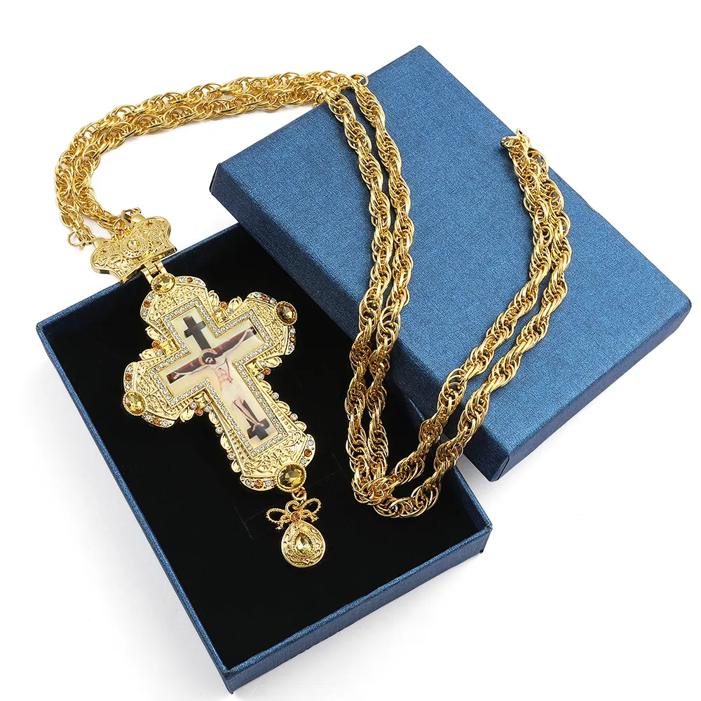 La migliore vendita oro russo placcato accessori ortodossi chiesa ucraina croce pettorale con pietre personalizzate con scatola