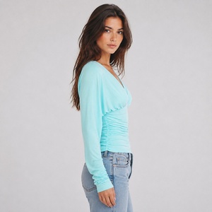 Camiseta de manga larga con cuello en V para mujer, ajuste ceñido con lazo en la cintura, color liso, top básico al por mayor, 95% viscosa 5% elastano, transpirable, fruncido - Product Image 4