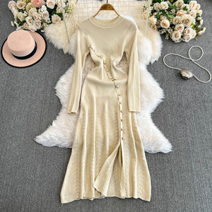 Abito da Donna <span class=keywords><strong>con</strong></span> Bottoni Dorati, <span class=keywords><strong>Spacco</strong></span> Laterale, <span class=keywords><strong>Vestito</strong></span> Aderente in Maglia a Maniche Lunghe, Elegante Abito Midi per Donne - Product Image 2