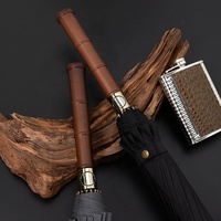 Paraguas Recto Minimalista de 16 Varillas con Mango de Bambú Retro, Apertura Semiautomática, Impermeable, Tela Pongee 190T, Estructura de Fibra de Vidrio