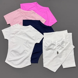 2 Piece Set <b>Women</b> Longline Short Sleeve Gym Crop Top High Waist Yoga <b>Leggings</b> Workout Sports Suit Fitness Clothes - Product Image 2