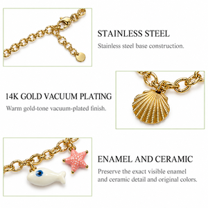 Ocean Motif Charm Necklace Stainless Steel 14K <b>Gold</b> Vacuum Plated Enamel Ceramic 440 mm Plus 60 mm 31.4 g - Product Image 2