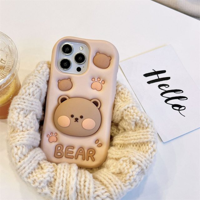 Kawaii 3D Cartoon Anime Bear Soft Silicone Phone Case with Bracket Holder for iPhone 16 Pro Max 17 16 15 14 Pro Cute Phone Case