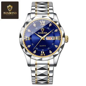 Binbond Men's Quartz Watch Blue Dial Stainless Steel Band Waterproof Luminous Date Week Display Business Analog Watch - Product Image 5