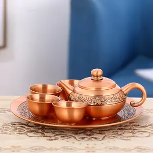 QIAN HU Vintage Arabic Enamel Bronze High-End Tea and Coffee Set 4 cup with Tray Home Decoration