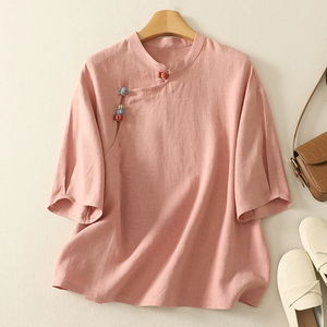 Nuova camicia in cotone stile cinese camicia estiva retrò ampia camicetta <span class=keywords><strong>con</strong></span> abbottonatura obliqua <span class=keywords><strong>con</strong></span> bottoni annodati <span class=keywords><strong>con</strong></span> collo mandarino - Product Image 1