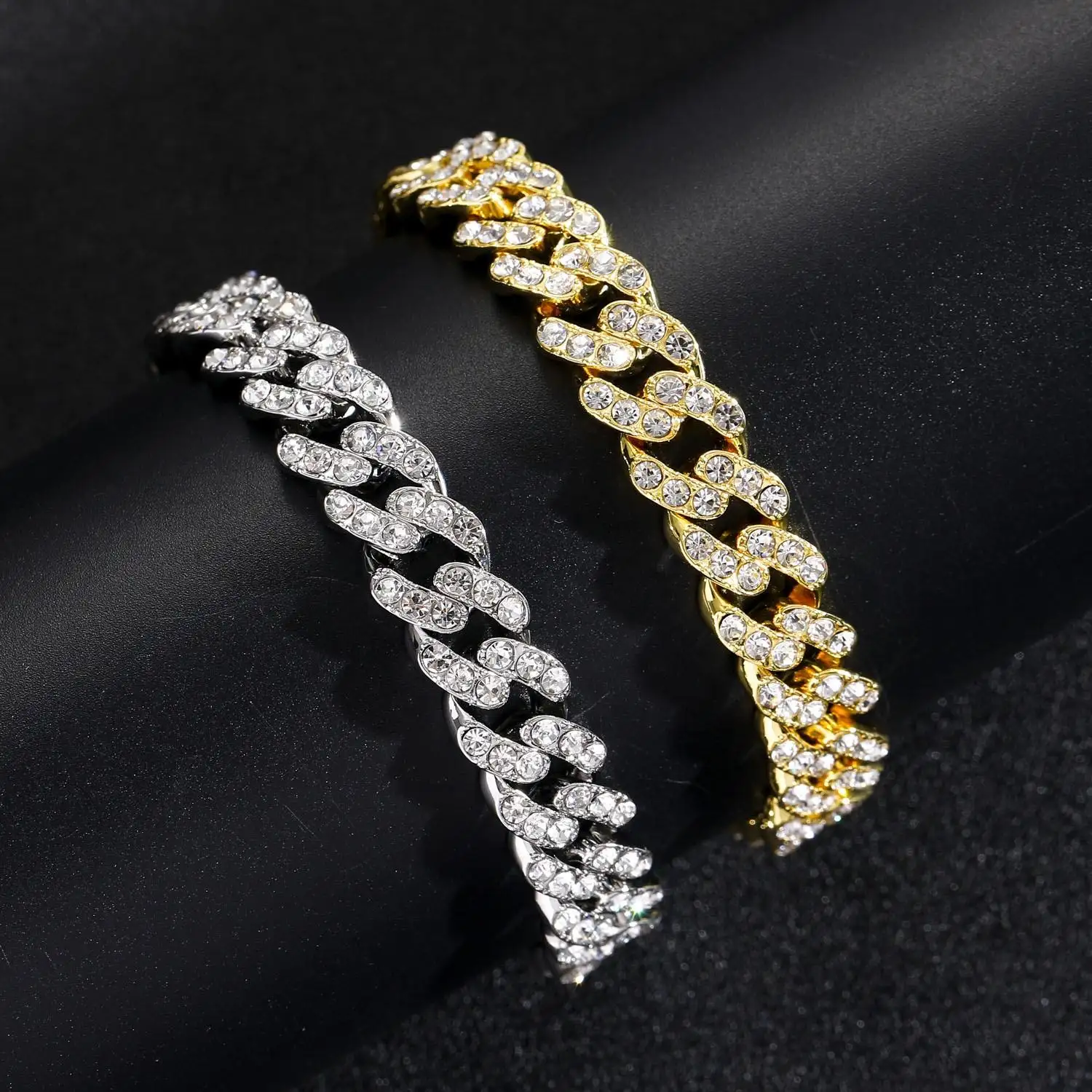 New Arrival Hip Hop White Gold Plated Iced Out Crystal Hand Bracelets Charm Jewelry 12mm Cuban Link Chain Bracelet For Men Women