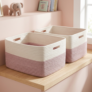 Panier de rangement rustique tressé en corde de coton écologique avec poignées, pliable, de forme ovale, pour organiser les vêtements et les jouets d'enfants - Product Image 3