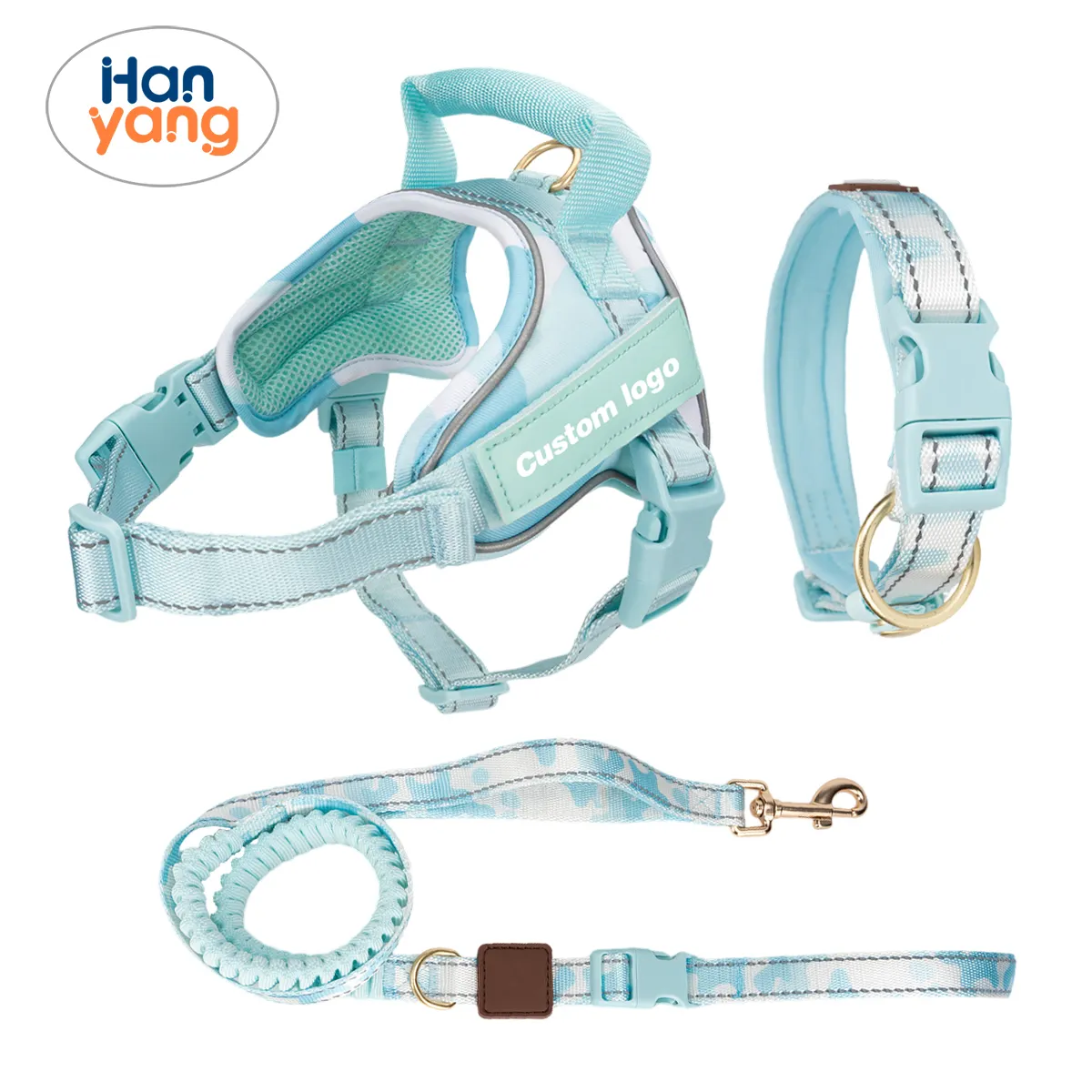 Nieuwe Hanyang Oem Custom Premium Reflecterende Comfortabele Hondentuigset Met Zachte Gewatteerde Handgreep Anti-Blast Afsluitbare Riem