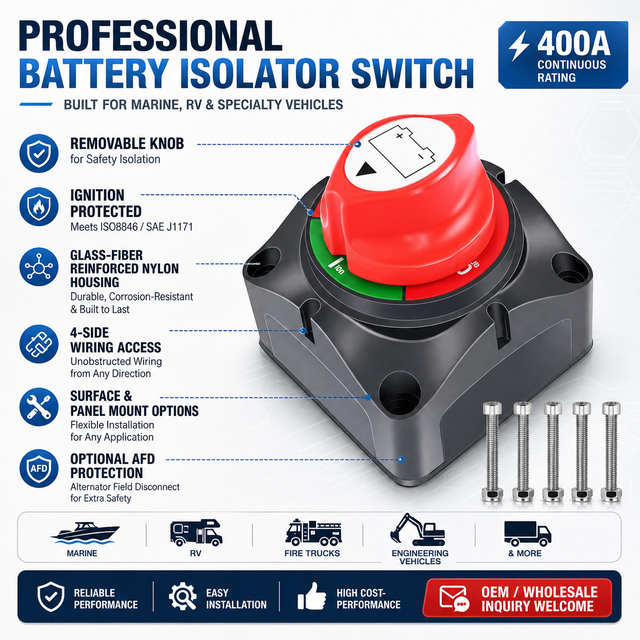 New Car Battery Disconnect Switch 48V 24V 12V Cut off 2 Position 2 Pin M10 600A Battery Connection Switch for Marine Boat
