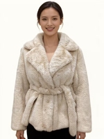 Damen Slim Winter Kunstpelz Weicher V-Ausschnitt Einreihiger Langer Revers Gestrickter Flauschiger Warmer Eleganter Lässiger Mantel