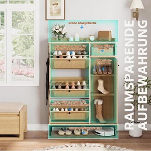 <span class=keywords><strong>Meuble</strong></span> à chaussures autoportant étroit <span class=keywords><strong>en</strong></span> <span class=keywords><strong>bois</strong></span> et rotin de style farmhouse avec 3 tiroirs à battants <span class=keywords><strong>pour</strong></span> entrée et couloir - Product Image 4