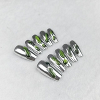 Uñas artificiales hechas a mano puras, medio-largo verde metálico ojo de gato, alta calidad y reutilizable