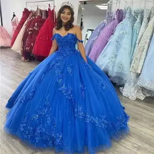 Sweetheart Ball Gown Blue 3D Lace Flower Quinceanera Dresses Off Shoulder Sweet 15 16 Birthday Party Dresses