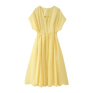 เดรสยาวแขนสั้นคอวีผูกเอวทรงพลีทสำหรับผู้หญิงแฟชั่น - Product Image 2