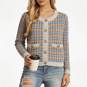 Knitwear Factory Tweed <strong>Jacket</strong> Blazer Round Neck Button up Single-Breasted Cardigan Women's Retro Loose Knitted Sweater <strong>Jacket</strong> - Product Image 1