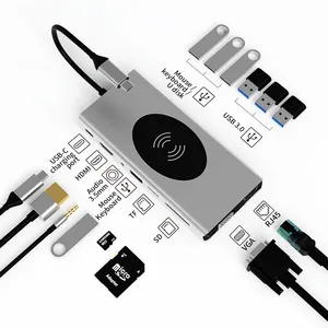 BASIX 15 In 1 Usb C Hub Docking Station Type-C To HD-MI VGA USB3.0*3 USB2.0*4 SD TF RJ45 1000M PDW AUDIO3.5 Wireless Charging