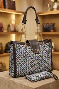 Bolso de mano jacquard geométrico étnico en azul marino y verde bosque – Juego de 2 piezas con correa desmontable - Product Image 3