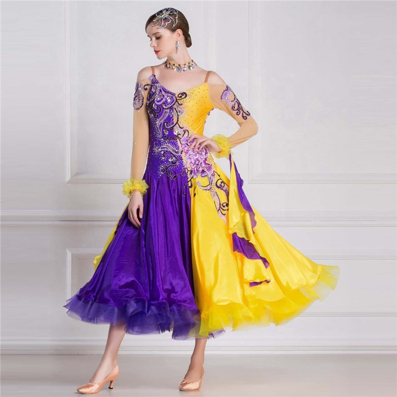 Custom Yellow Mosaic Purple Pearl Silk Ballroom Dress For Women | Luxury Stage & Dance Wear | Applique Design For Competitions & Performances Custom Yellow Mosaic Purple Pearl Silk Ballroom Dress For Women | Luxury Stage & Dance Wear | Applique Design For Competitions & Performances