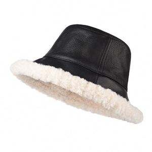 Winter Glabrous Black Pu Leather Fisherman <b>Hat</b> Vintage Japanese Lamb Wool <b>Warm</b> <b>Hat</b> Basin Bucket <b>Hat</b> - Product Image 6