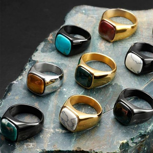 Men's Geometric Natural Stone <b>Ring</b> Bezel Setting <b>Titanium</b> Steel Business Gift Jewelry - Product Image 2