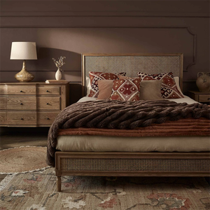 American Country Vintage Double <strong>Bed</strong> Solid Oak <strong>Pine</strong> and Teak Rattan <strong>Bed</strong> for Master Bedroom for Home or Hotel Furniture - Product Image 4